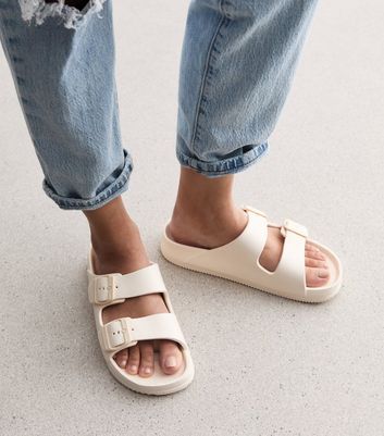 Cream Double Buckle Strap Sliders New Look