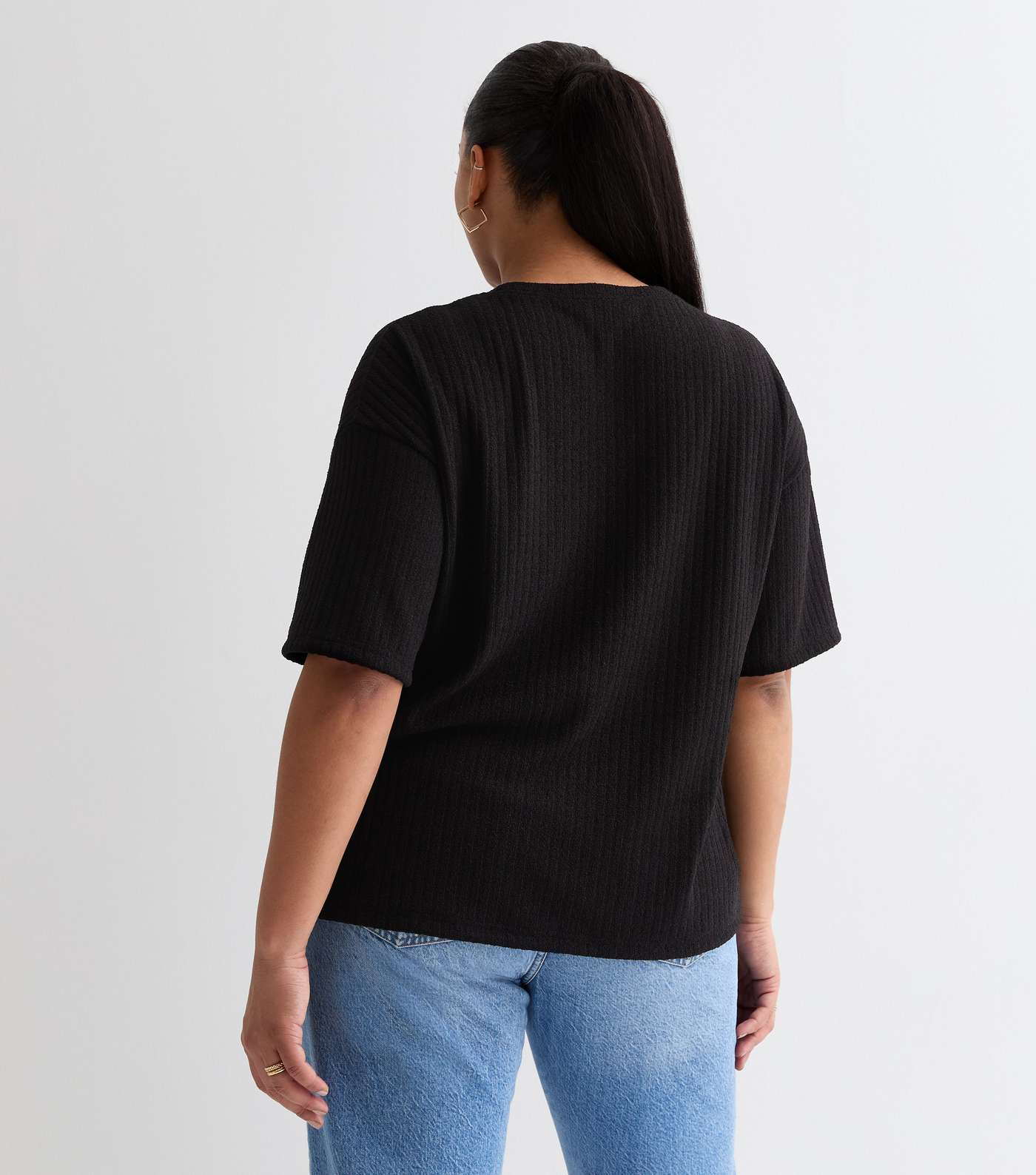 Curves Black Ribbed Jersey T-Shirt Image 4
