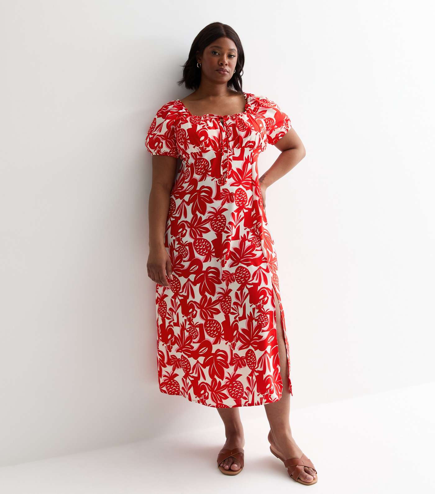 Curve Red Pineapple Print Midi Milkmaid Dress