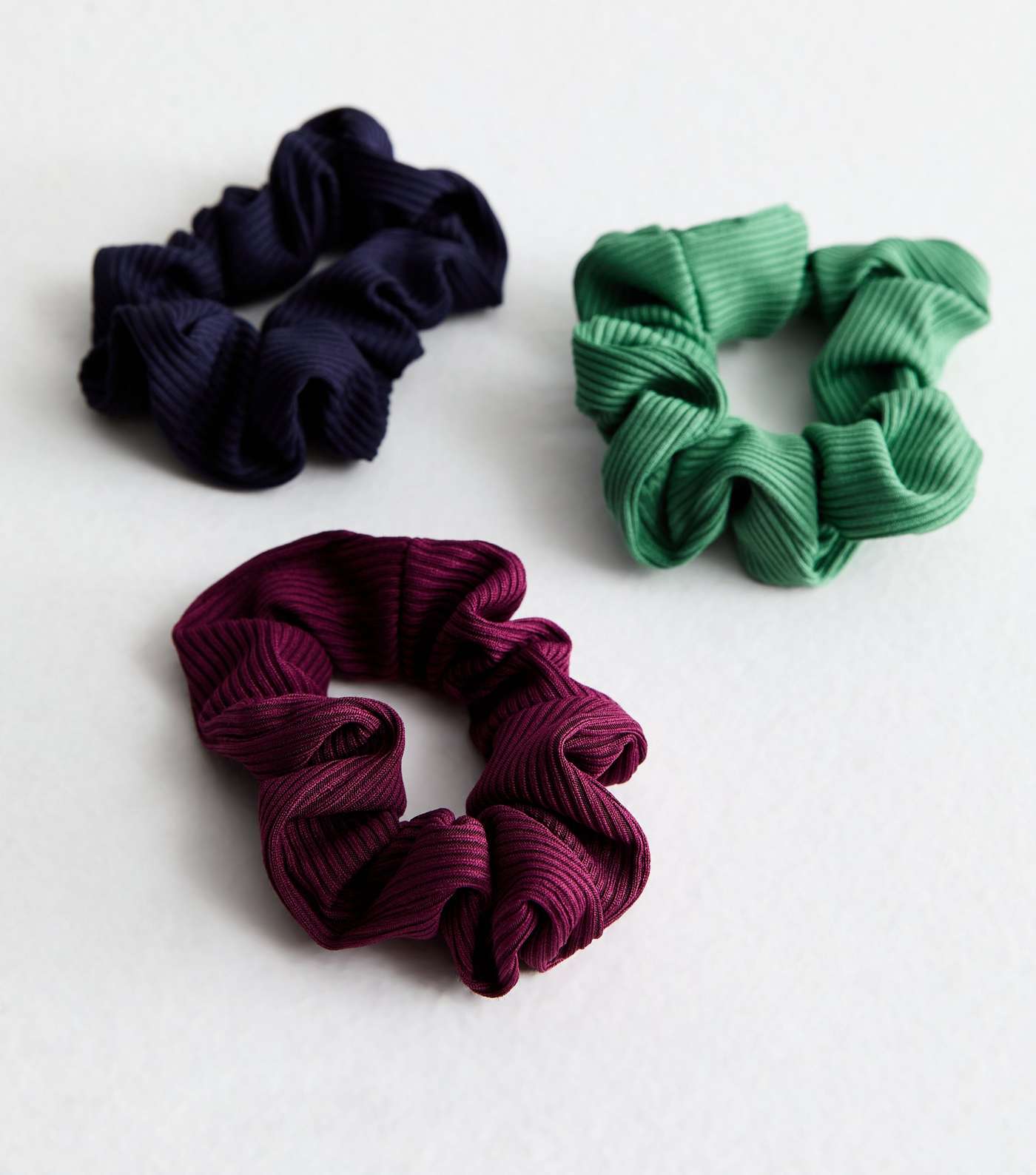 3 Pack Navy Teal and Burgundy Ribbed Scrunchies Image 2