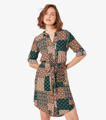 Apricot Green Patchwork Belted Mini Shirt Dress New Look