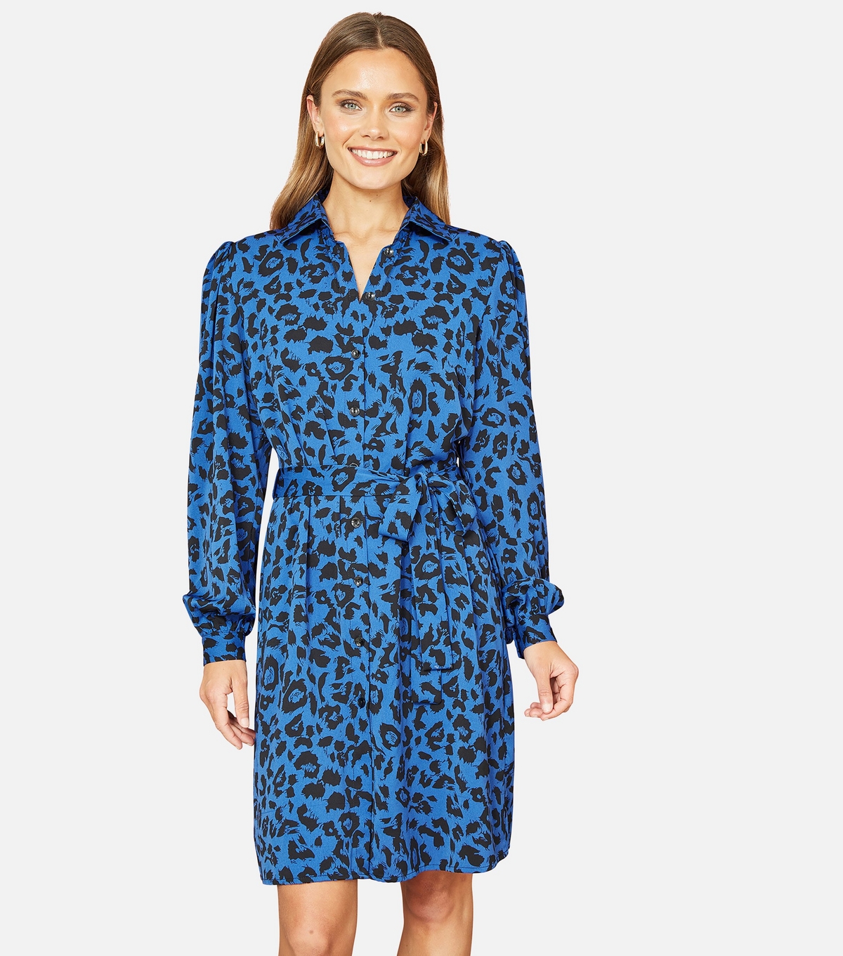 Women's Blue Leopard Print Belted Mini Shirt Dress Mela New Look