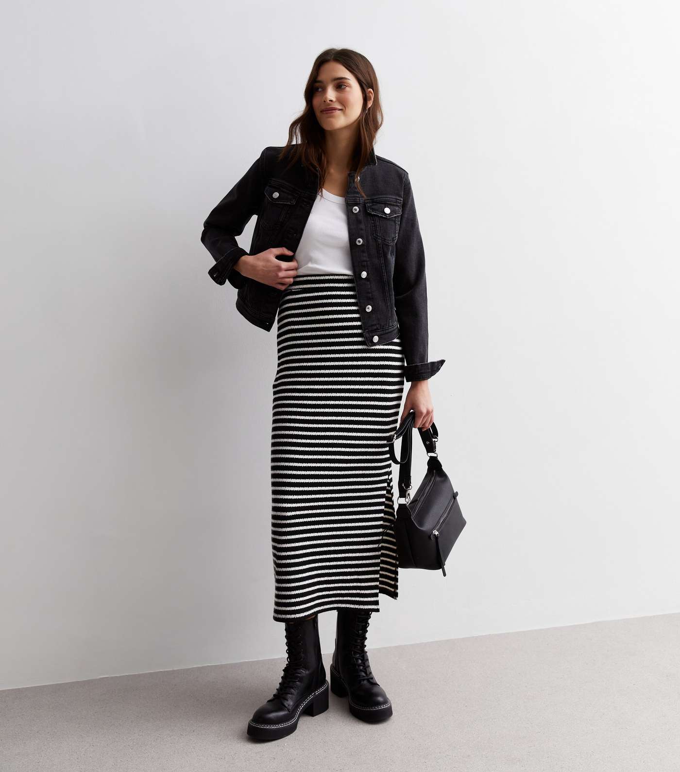 Black Stripe Textured Split Hem Midi Skirt