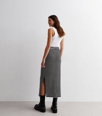 Black Stripe Textured Split Hem Midi Skirt New Look