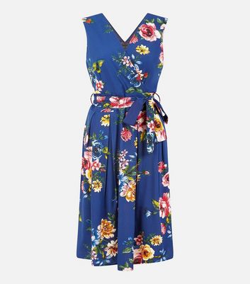 Mela Blue Floral Belted Wrap Mini Dress New Look
