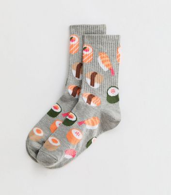 Grey Sushi Print Socks New Look