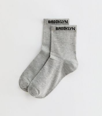 Grey Brooklyn Logo Socks New Look