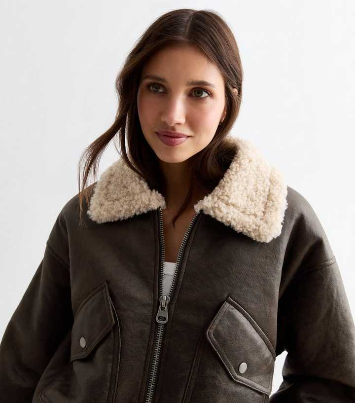 Dark Brown Faux Shearling Collar Bomber Jacket