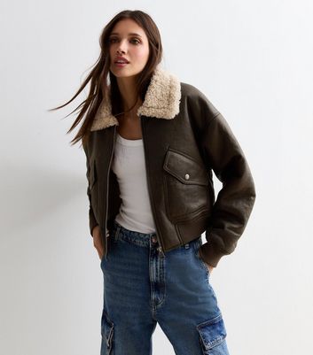 Dark Brown Faux Shearling Collar Bomber Jacket | New Look