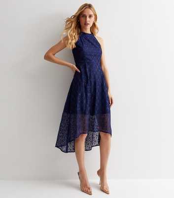 Cutie London Navy Floral Lace Dip Hem Midi Dress