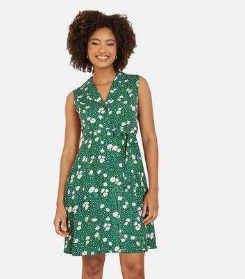 Mela Green Leopard and Floral Print Sleeveless Belted Mini Shirt Dress New Look