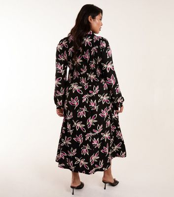 Blue Vanilla Curves Black Floral Shirred Midi Shirt Dress