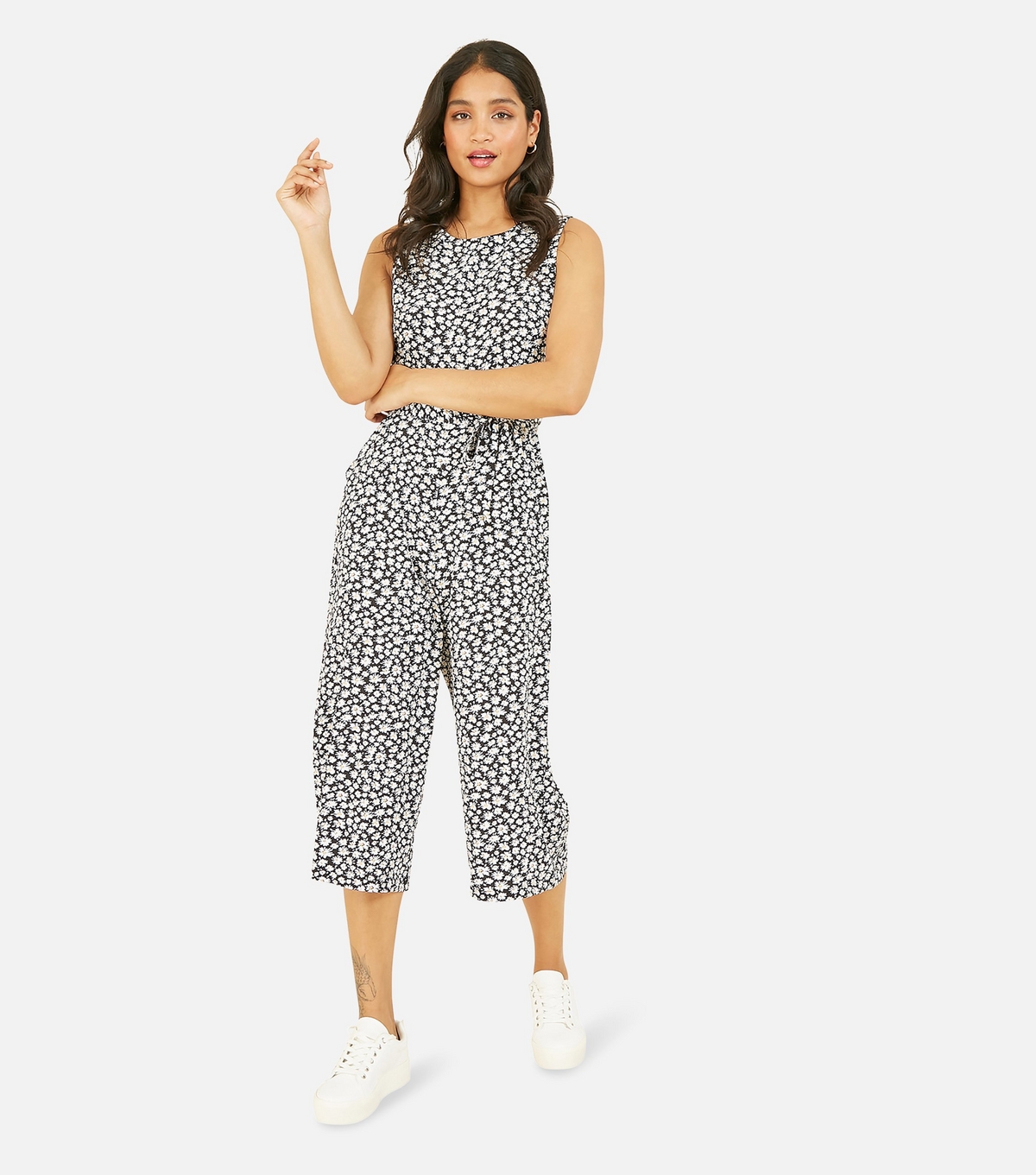 Women's Black Daisy Print Sleeveless Crop Jumpsuit Mela New Look