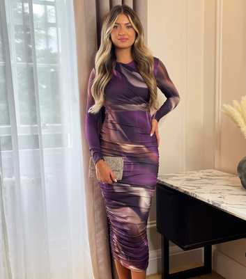 AX Paris Purple Marble Print Long Sleeve Bodycon Midi Dress