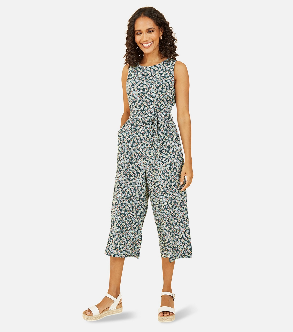 Women's Green Daisy Print Sleeveless Crop Jumpsuit Mela New Look