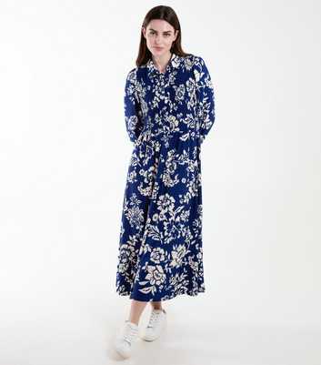 Blue Vanilla Blue Floral Print Shirred Midi Shirt Dress