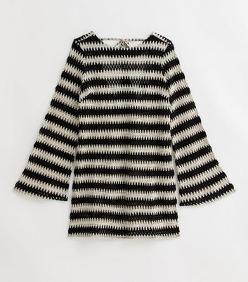 Black Stripe Crochet Flared Sleeve Mini Dress New Look