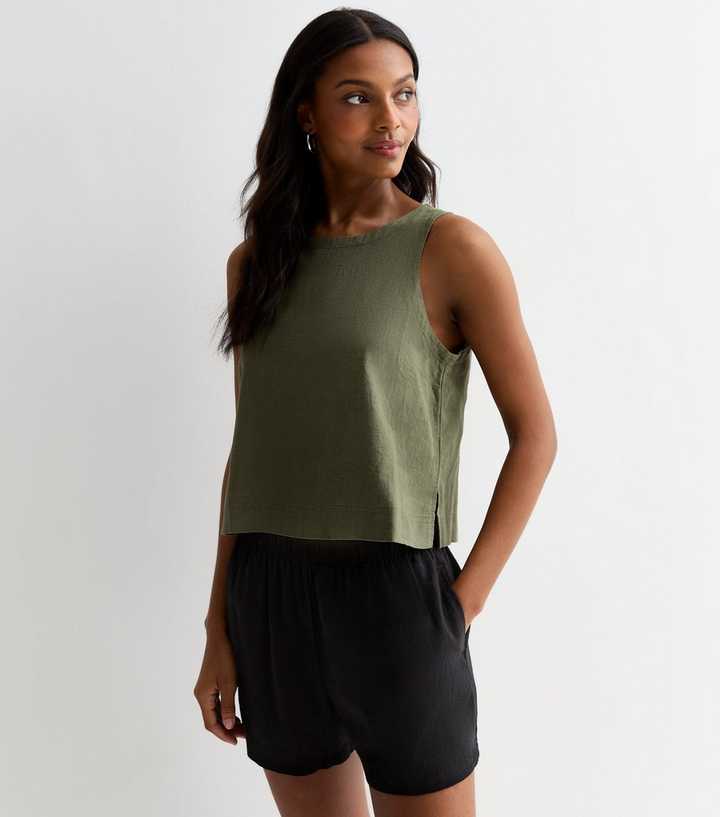 Olive Linen-Blend Vest Top 