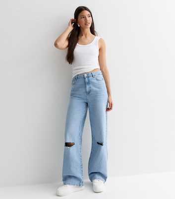 Pale Blue Ripped Wide Leg Jeans