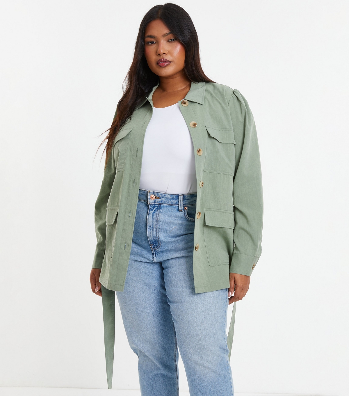 Women's Plus Size Light Green Belted Utility Jacket Curves Quiz New Look