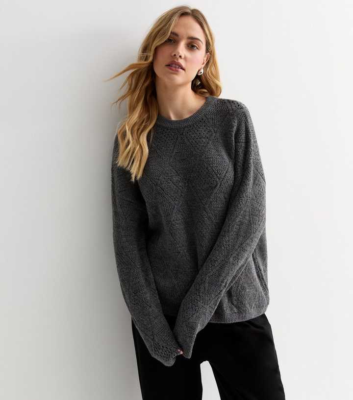 Dark Grey Diamond Stitch Knit Crew Neck Jumper