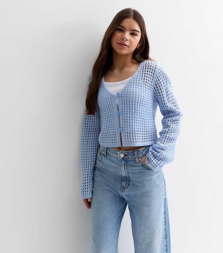 Girls Pale Blue Stitch Knit Crop Cardigan