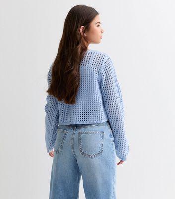 Girls Pale Blue Stitch Knit Crop Cardigan New Look