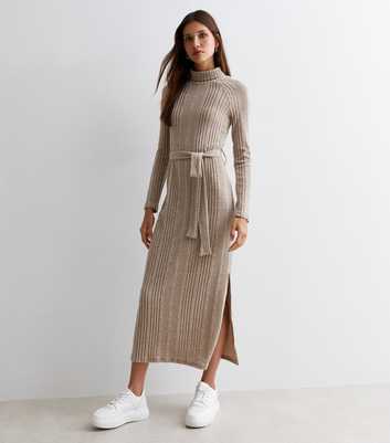 Stone Ribbed Roll Neck Belted Midi Dress