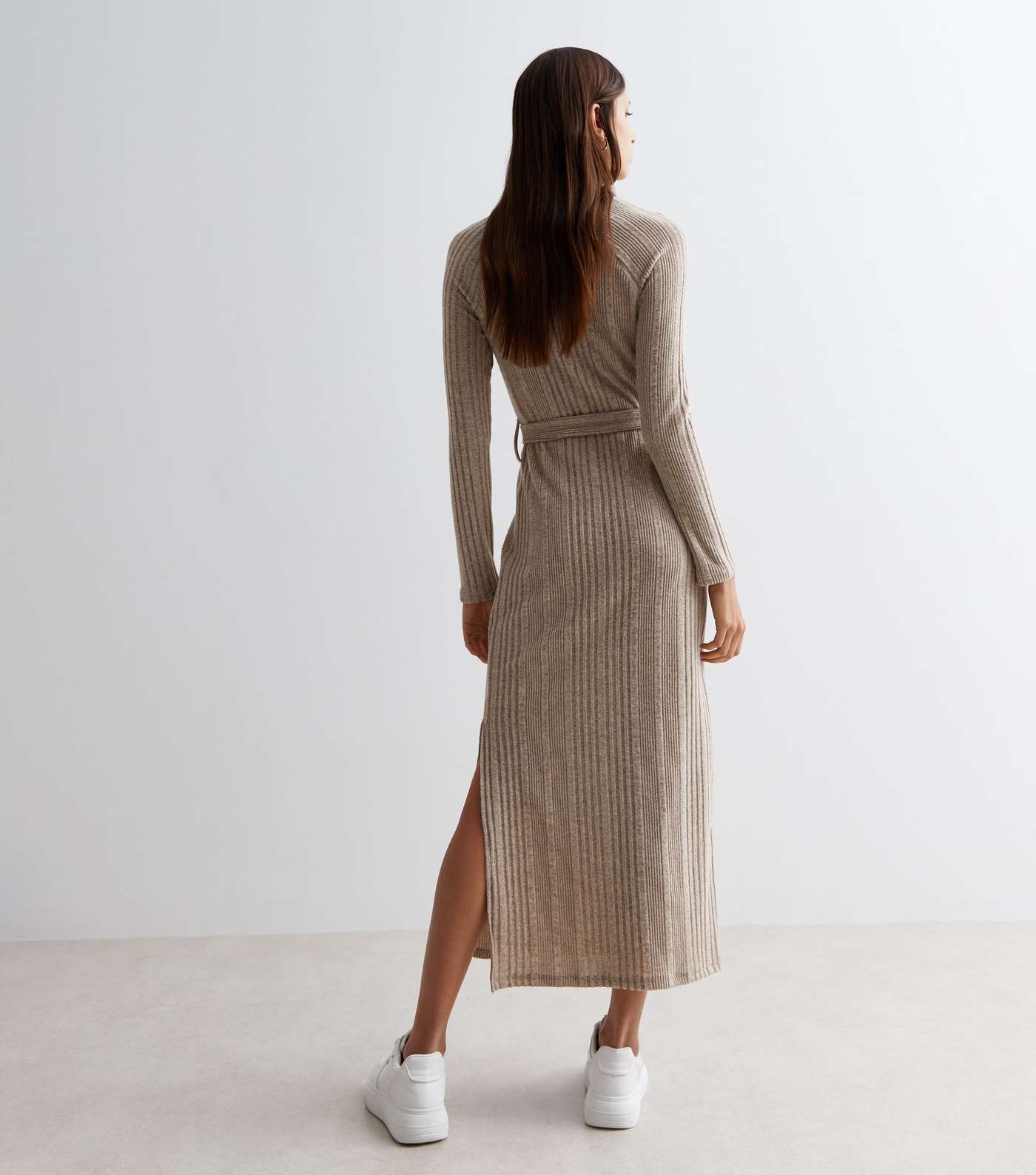 Stone Ribbed Roll Neck Belted Midi Dress Image 4