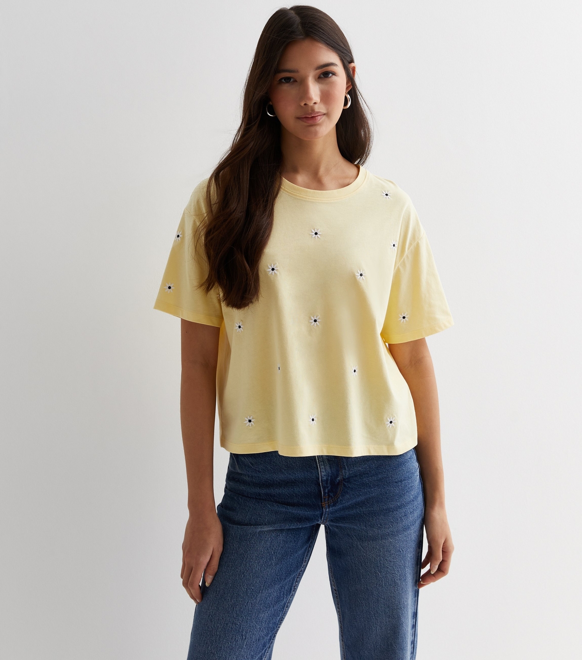 Women's Yellow Cotton Daisy Embroidered Boxy T-Shirt New Look