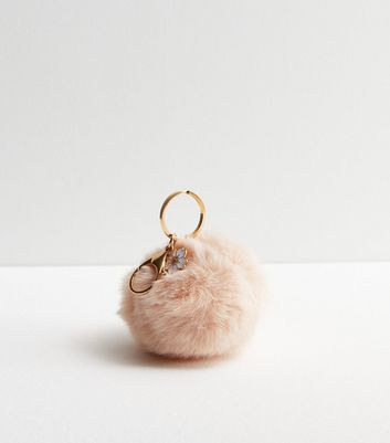 Pale Pink Faux Fur Pom Pom and Flower Charm Keyring