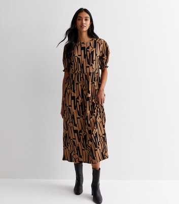 Brown Abstract Print Crinkle Smock Midi Dress