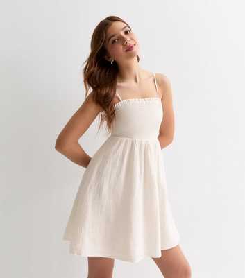 Girls White Shirred Textured Cotton Strappy Dress