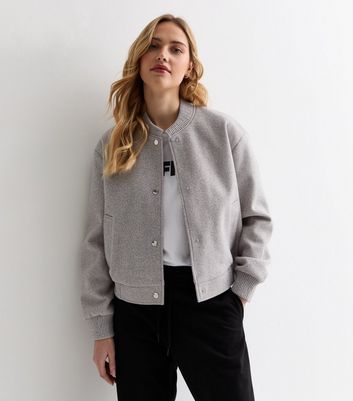 Grey Cropped Bomber Jacket New Look