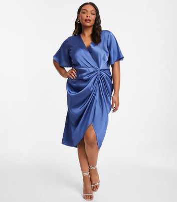 QUIZ Curves Blue Satin Ruched Wrap Midi Dress