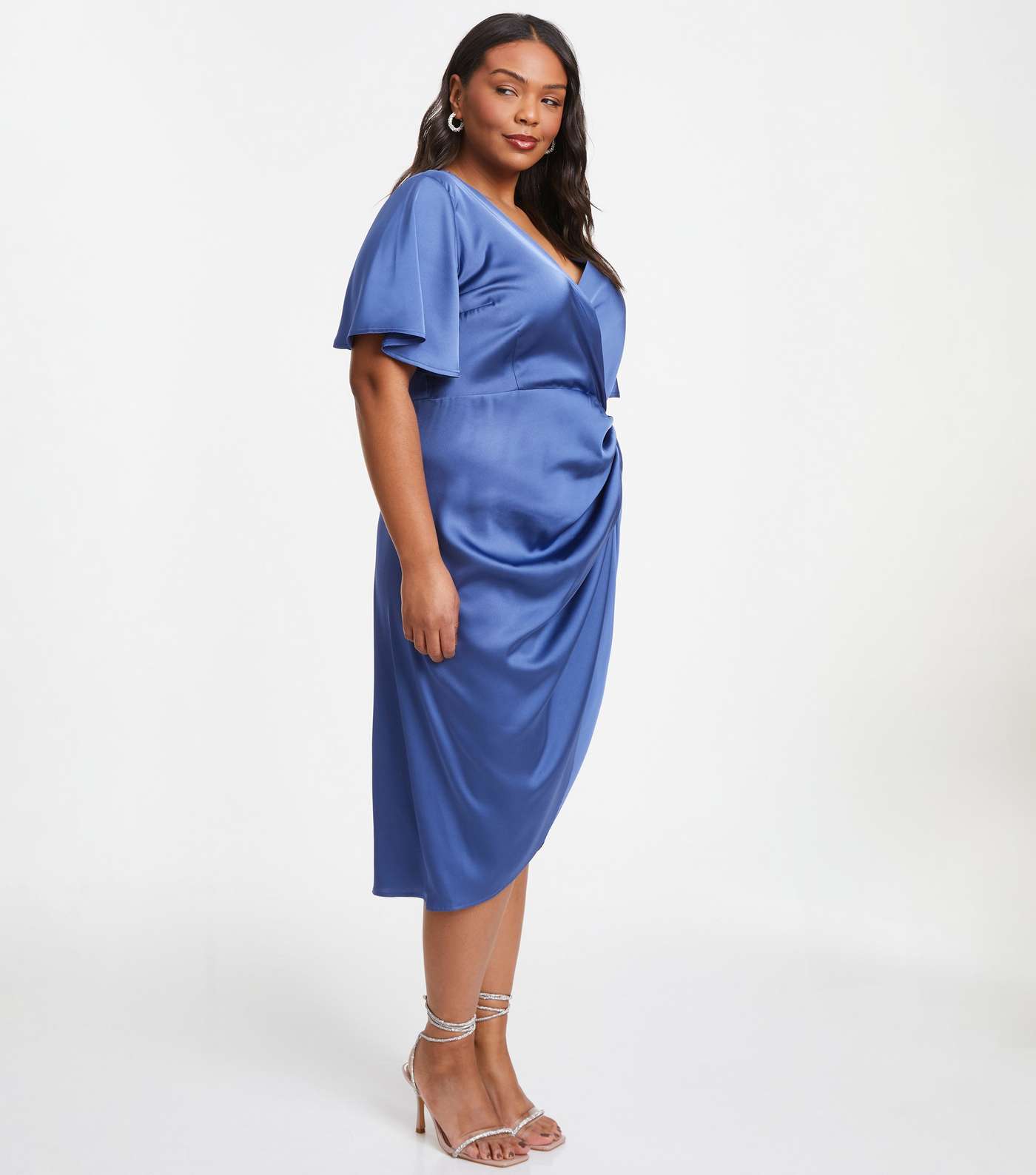 QUIZ Curves Blue Satin Ruched Wrap Midi Dress Image 2