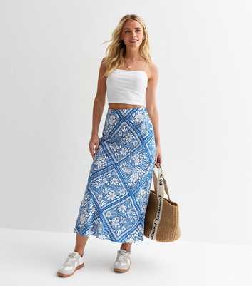 Petite Blue Tile Print Midi Skirt