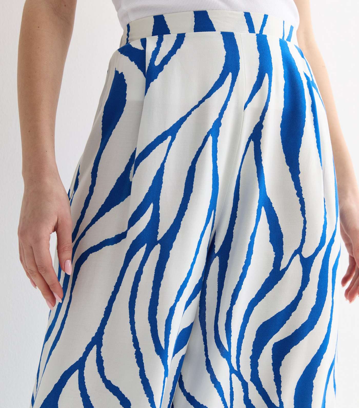 Blue Abstract Print High Waist Wide Leg Crop Trousers Image 2