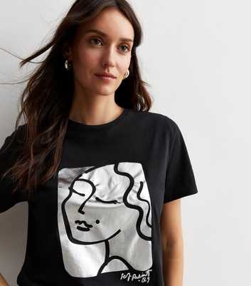 Black Cotton Metallic Sketch Face Logo T-Shirt