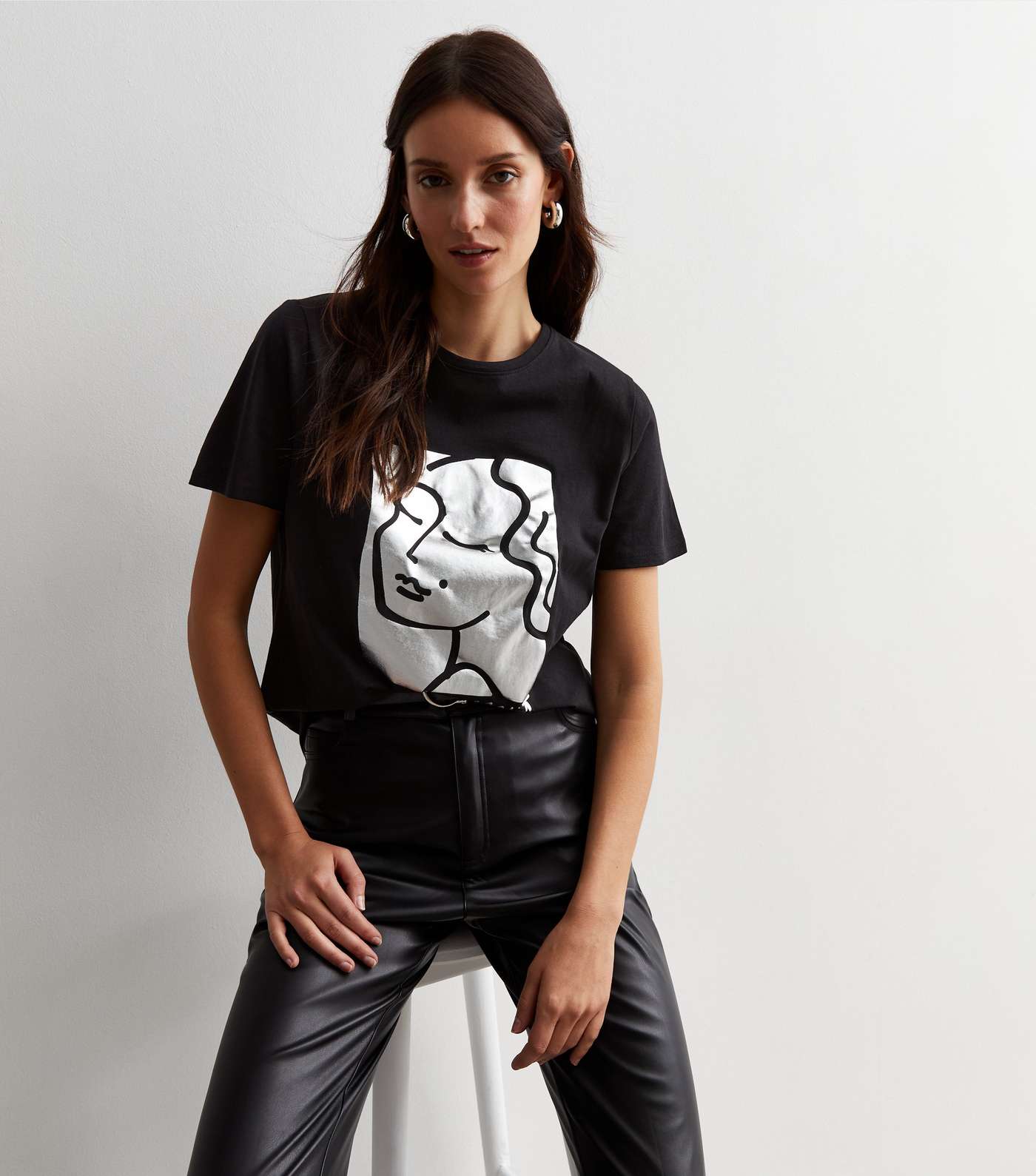 Black Cotton Metallic Sketch Face Logo T-Shirt Image 2