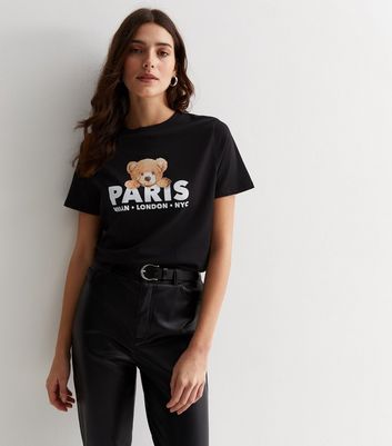 Black Cotton Paris Teddy Logo T-Shirt New Look