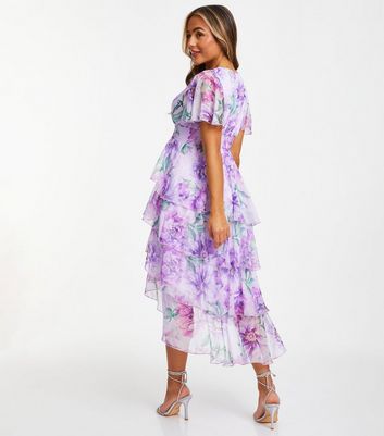 QUIZ Petite Lilac Floral Chiffon Tiered Midi Dress New Look