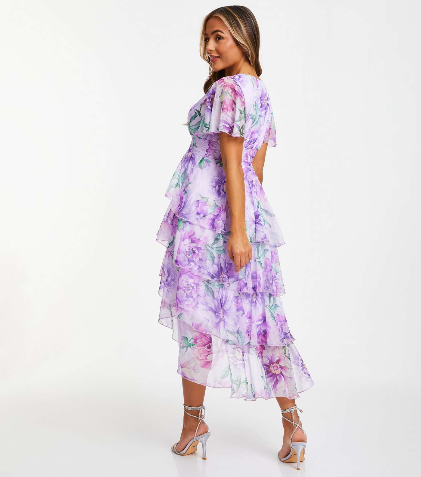 QUIZ Petite Lilac Floral Chiffon Tiered Midi Dress Image 3