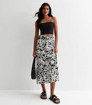 Black Floral Print Bias Midi Skirt
