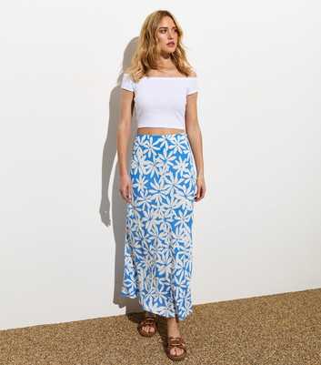 Blue Floral Print Bias Midi Skirt