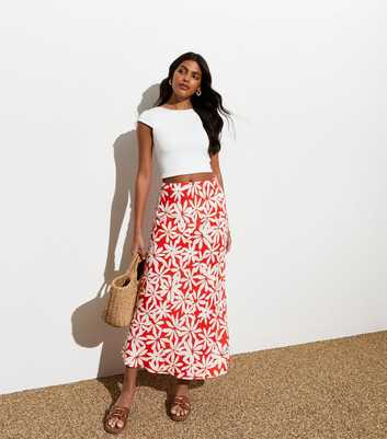 Red Floral Bias Cut Midi Skirt