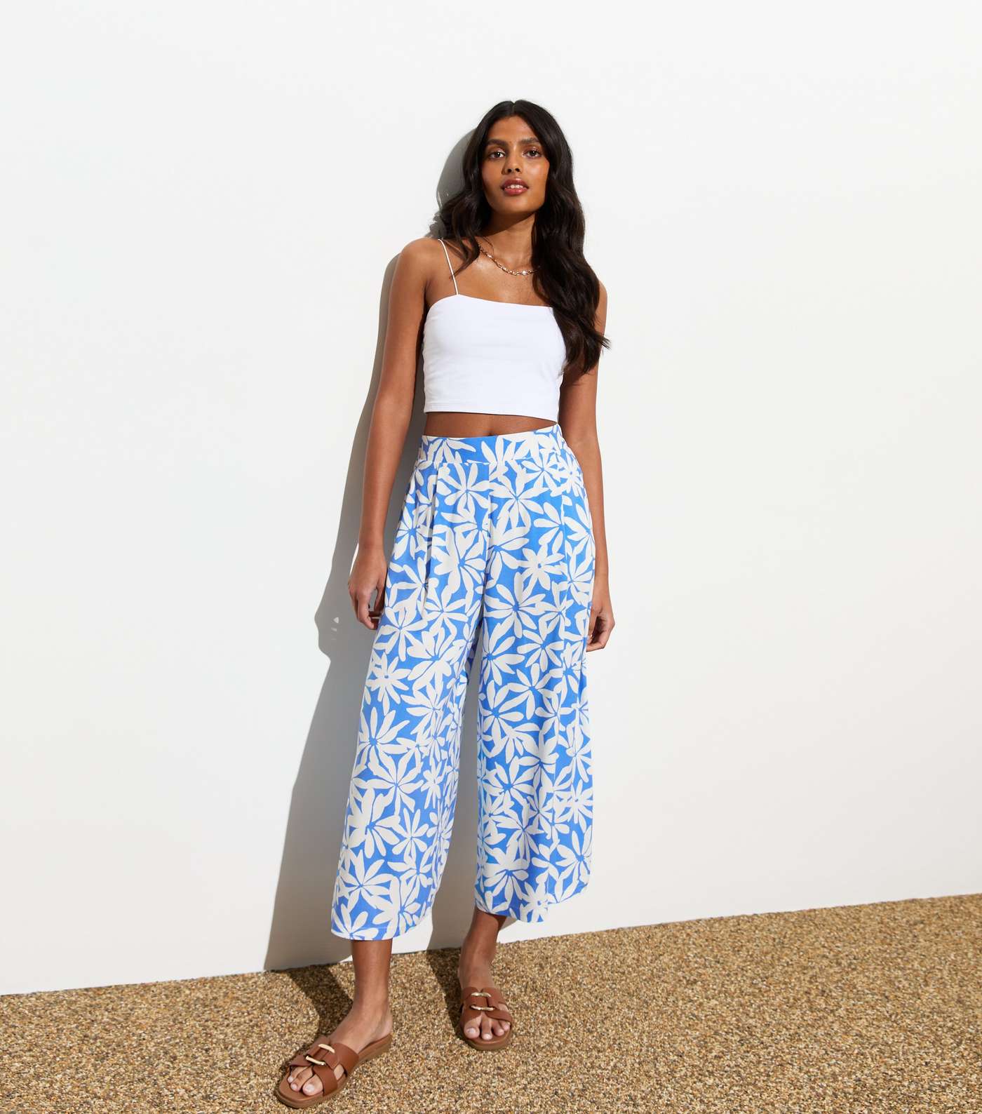 Blue Cropped Floral Printed Trousers