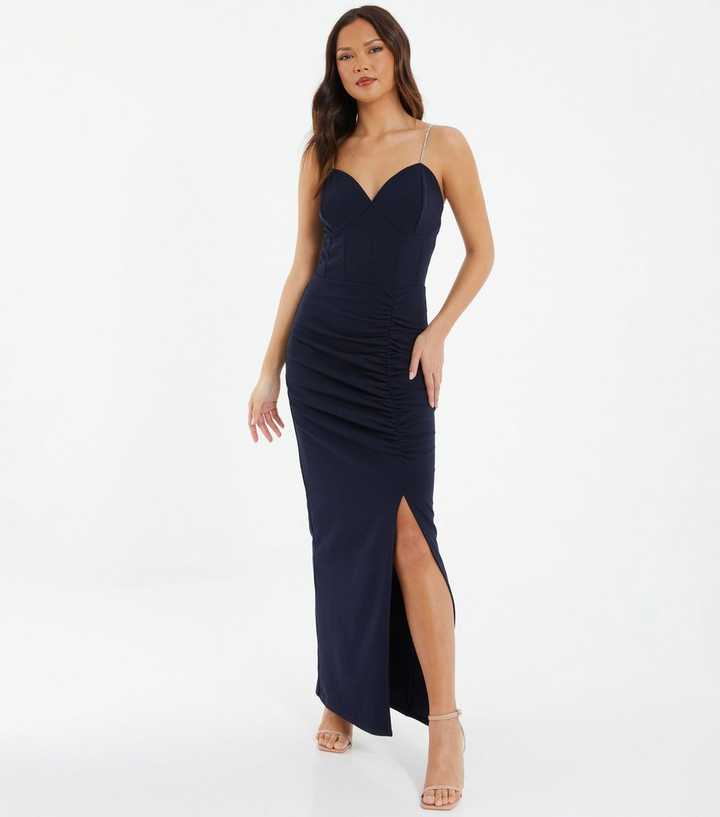 QUIZ Navy Ruched Maxi Dress | New Look