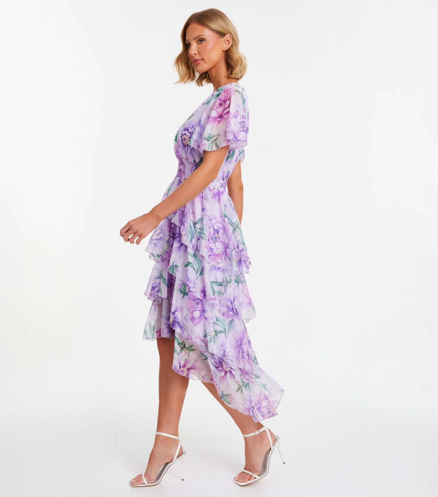 QUIZ Lilac Floral Chiffon Tiered Midi Dress Image 2