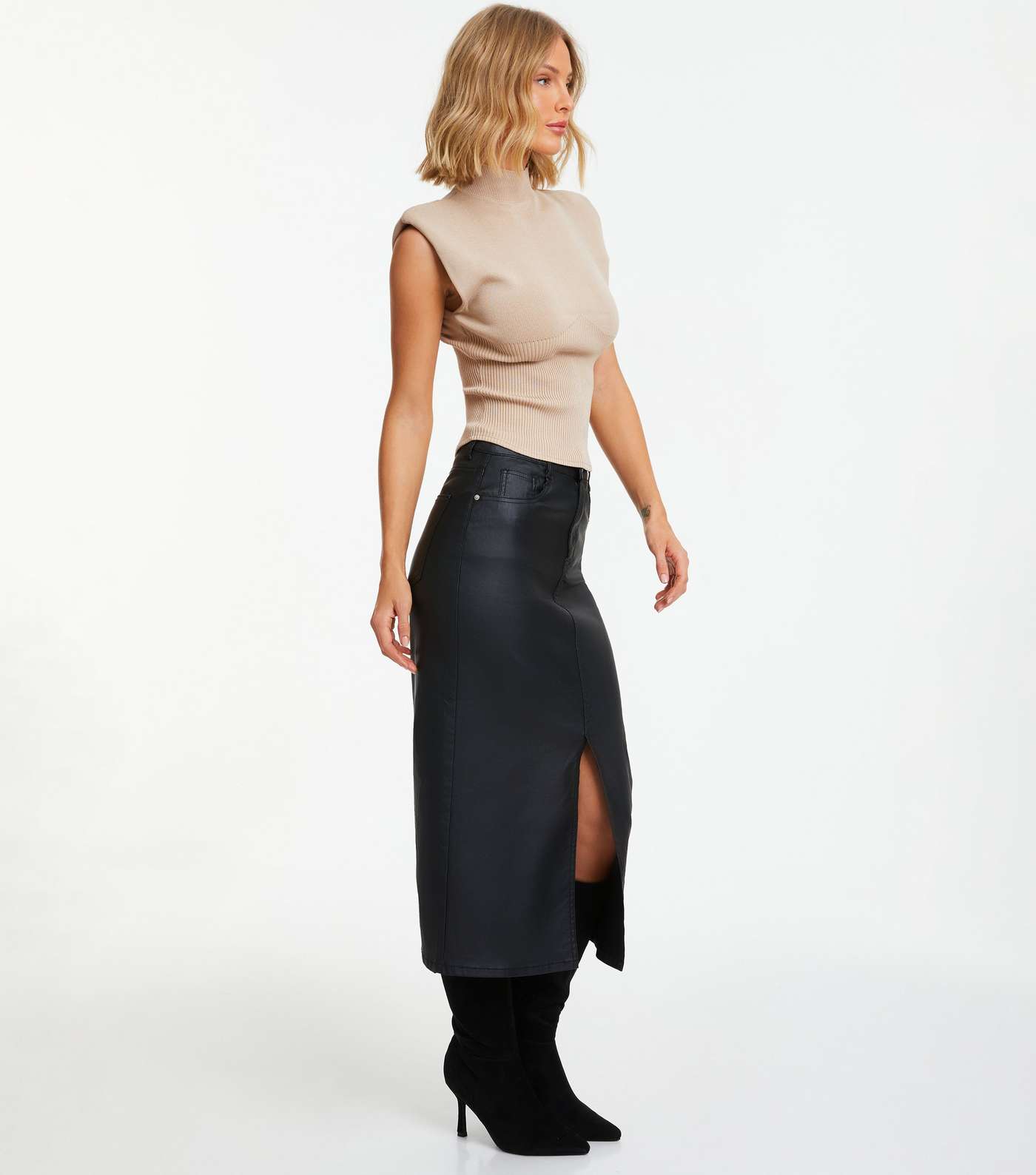 Quiz Black Leather-Look Midi Skirt Image 2